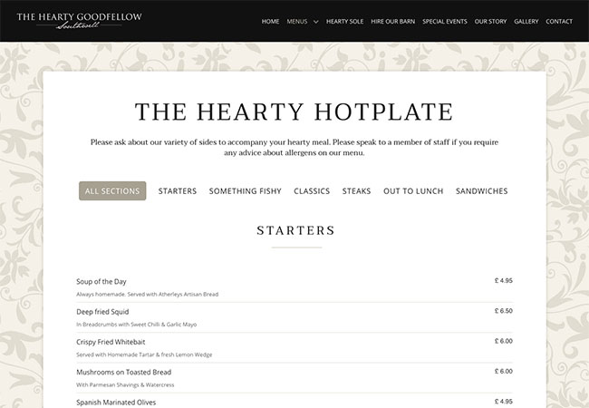 The Hearty Goodfellow menu page