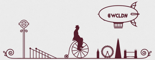 One of WordCamp London's header images, with a man on a penny farthing and a dirigible