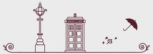 One of the header images from the WordCamp London website, including a police box, a lamp post, and an umbrella