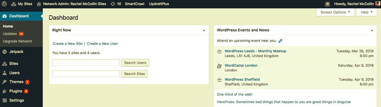 The WordPress multisite dashboard